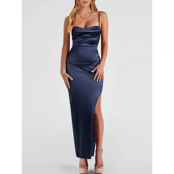 imageANRABESS Women Satin Maxi Dress Sleeveless Spaghetti Strap Cowl Neck Summer Ruched Bodycon High Slit Formal DressesNavy Blue