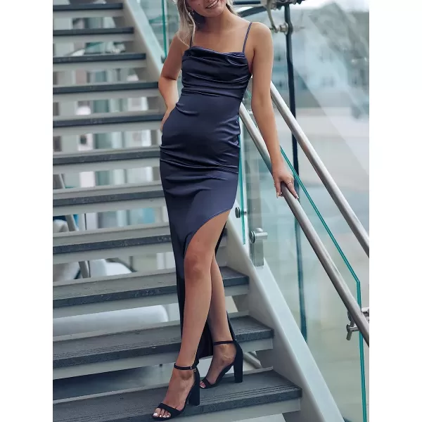 imageANRABESS Women Satin Maxi Dress Sleeveless Spaghetti Strap Cowl Neck Summer Ruched Bodycon High Slit Formal DressesNavy Blue