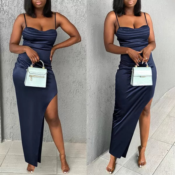 imageANRABESS Women Satin Maxi Dress Sleeveless Spaghetti Strap Cowl Neck Summer Ruched Bodycon High Slit Formal DressesNavy Blue