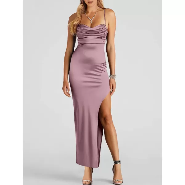 imageANRABESS Women Satin Maxi Dress Sleeveless Spaghetti Strap Cowl Neck Summer Ruched Bodycon High Slit Formal DressesPurple