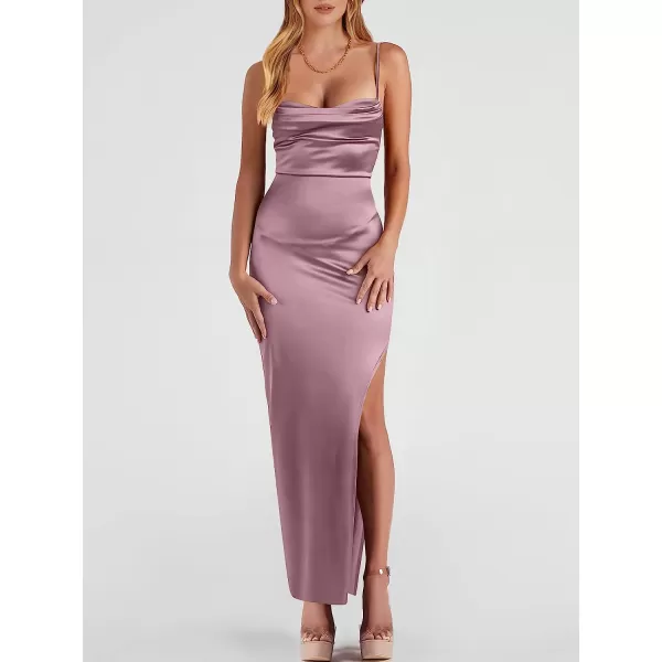 imageANRABESS Women Satin Maxi Dress Sleeveless Spaghetti Strap Cowl Neck Summer Ruched Bodycon High Slit Formal DressesPurple