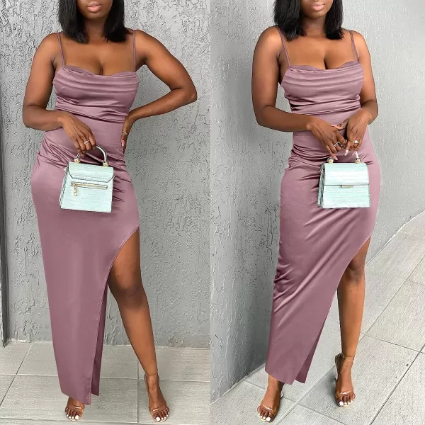 imageANRABESS Women Satin Maxi Dress Sleeveless Spaghetti Strap Cowl Neck Summer Ruched Bodycon High Slit Formal DressesPurple