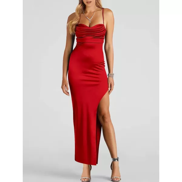 imageANRABESS Women Satin Maxi Dress Sleeveless Spaghetti Strap Cowl Neck Summer Ruched Bodycon High Slit Formal DressesRed