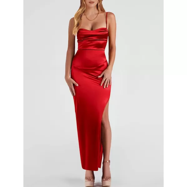 imageANRABESS Women Satin Maxi Dress Sleeveless Spaghetti Strap Cowl Neck Summer Ruched Bodycon High Slit Formal DressesRed