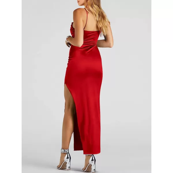 imageANRABESS Women Satin Maxi Dress Sleeveless Spaghetti Strap Cowl Neck Summer Ruched Bodycon High Slit Formal DressesRed