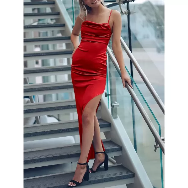 imageANRABESS Women Satin Maxi Dress Sleeveless Spaghetti Strap Cowl Neck Summer Ruched Bodycon High Slit Formal DressesRed