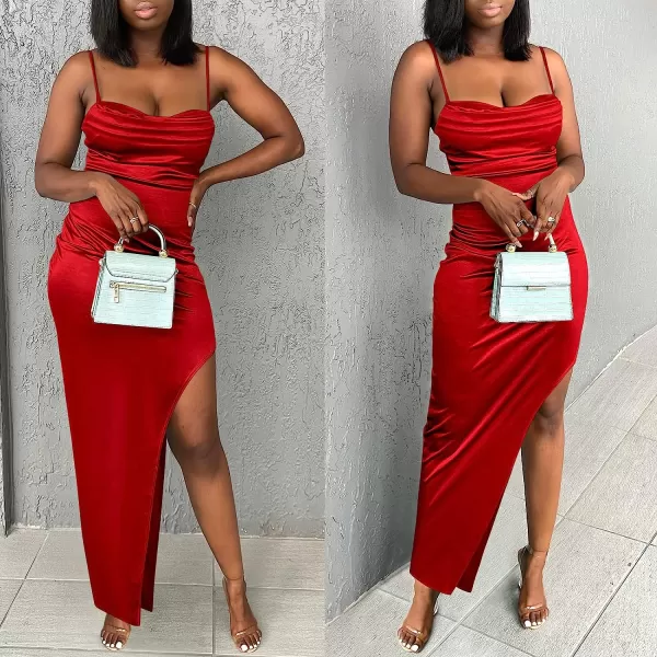 imageANRABESS Women Satin Maxi Dress Sleeveless Spaghetti Strap Cowl Neck Summer Ruched Bodycon High Slit Formal DressesRed