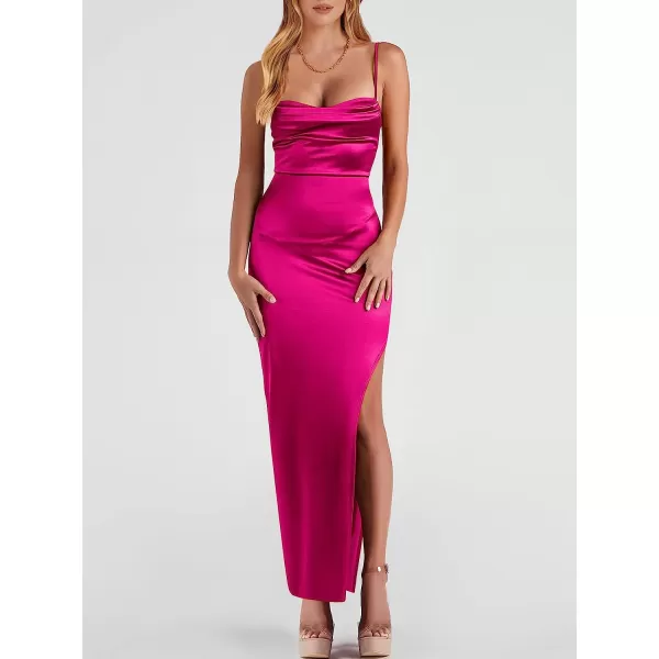 imageANRABESS Women Satin Maxi Dress Sleeveless Spaghetti Strap Cowl Neck Summer Ruched Bodycon High Slit Formal DressesRose