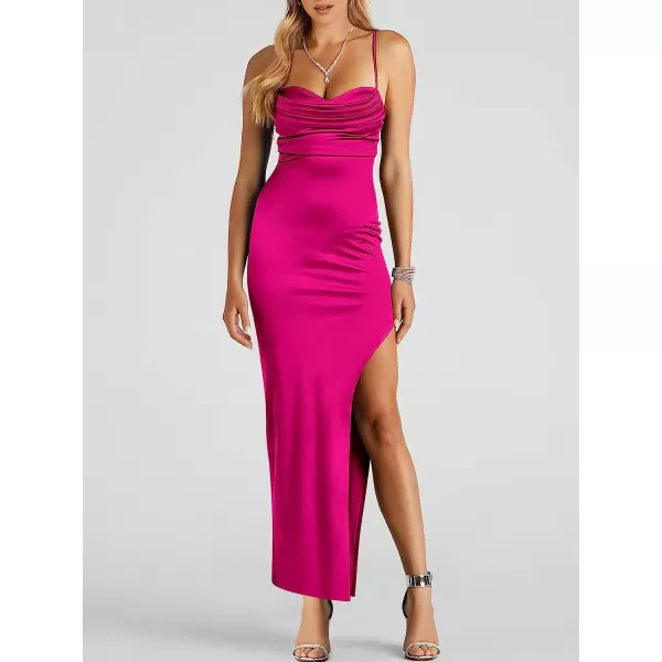 imageANRABESS Women Satin Maxi Dress Sleeveless Spaghetti Strap Cowl Neck Summer Ruched Bodycon High Slit Formal DressesRose