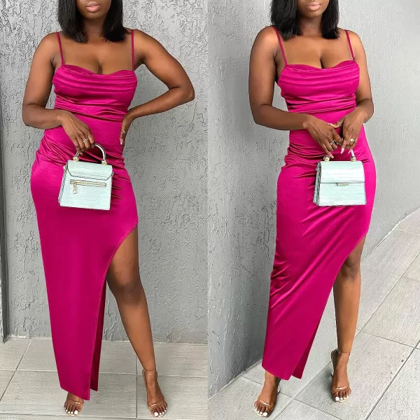 imageANRABESS Women Satin Maxi Dress Sleeveless Spaghetti Strap Cowl Neck Summer Ruched Bodycon High Slit Formal DressesRose