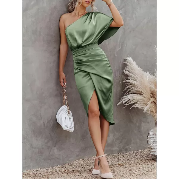 imageANRABESS Women Satin One Shoulder Short Sleeve Ruched Bodycon Wrap Cocktail Party Midi DressArmy Green