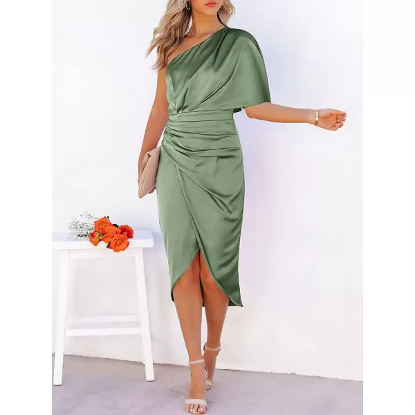 imageANRABESS Women Satin One Shoulder Short Sleeve Ruched Bodycon Wrap Cocktail Party Midi DressArmy Green