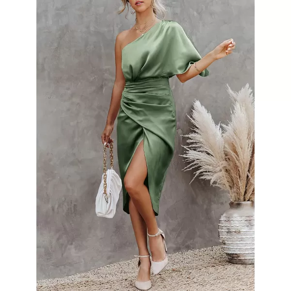 imageANRABESS Women Satin One Shoulder Short Sleeve Ruched Bodycon Wrap Cocktail Party Midi DressArmy Green