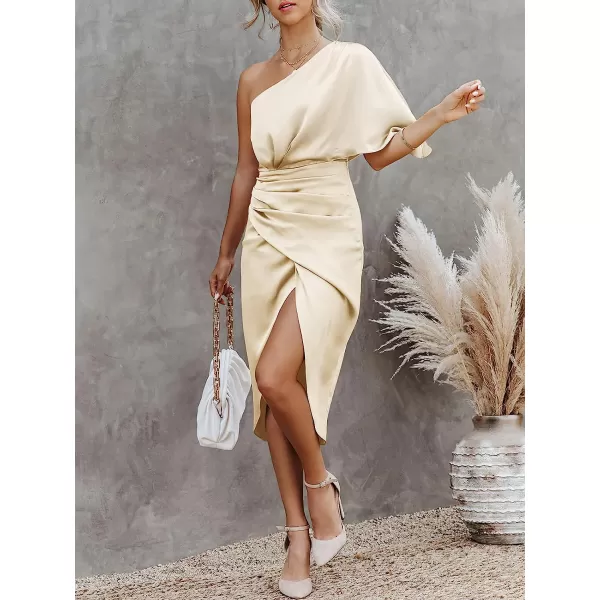 imageANRABESS Women Satin One Shoulder Short Sleeve Ruched Bodycon Wrap Cocktail Party Midi DressBeige