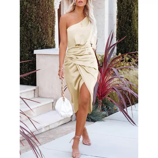 imageANRABESS Women Satin One Shoulder Short Sleeve Ruched Bodycon Wrap Cocktail Party Midi DressBeige