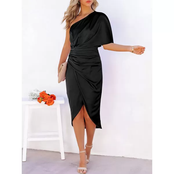 imageANRABESS Women Satin One Shoulder Short Sleeve Ruched Bodycon Wrap Cocktail Party Midi DressBlack