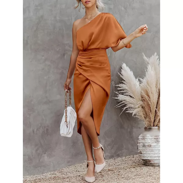 imageANRABESS Women Satin One Shoulder Short Sleeve Ruched Bodycon Wrap Cocktail Party Midi DressCaramel