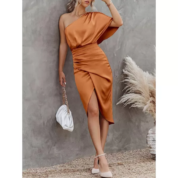 imageANRABESS Women Satin One Shoulder Short Sleeve Ruched Bodycon Wrap Cocktail Party Midi DressCaramel