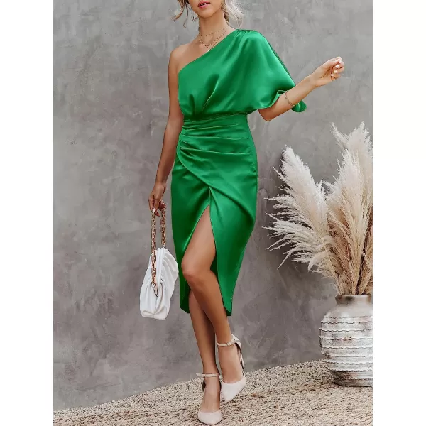 imageANRABESS Women Satin One Shoulder Short Sleeve Ruched Bodycon Wrap Cocktail Party Midi DressDeep Green