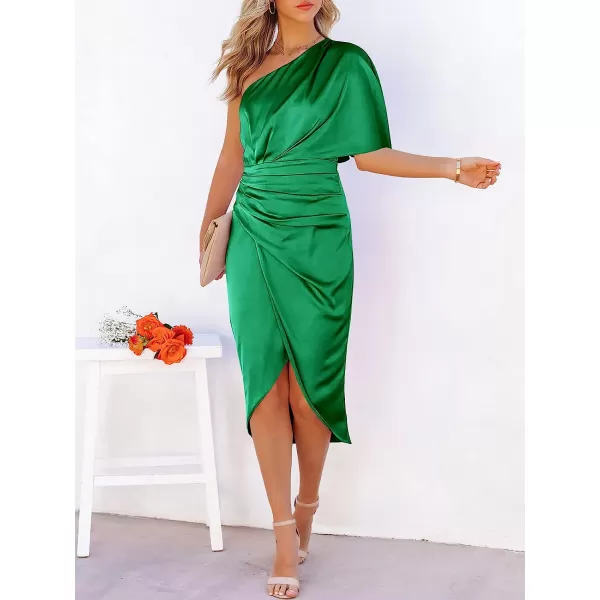 imageANRABESS Women Satin One Shoulder Short Sleeve Ruched Bodycon Wrap Cocktail Party Midi DressDeep Green