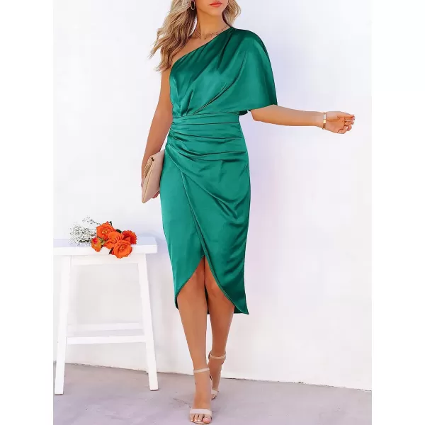 imageANRABESS Women Satin One Shoulder Short Sleeve Ruched Bodycon Wrap Cocktail Party Midi DressGreen
