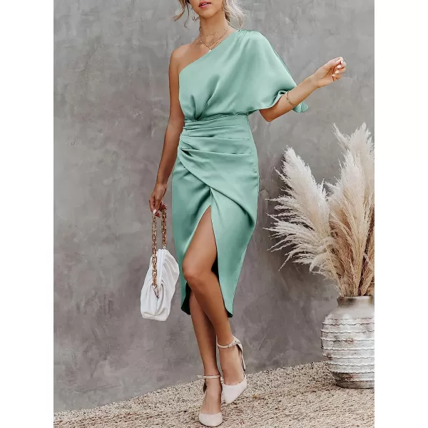 imageANRABESS Women Satin One Shoulder Short Sleeve Ruched Bodycon Wrap Cocktail Party Midi DressLake Green