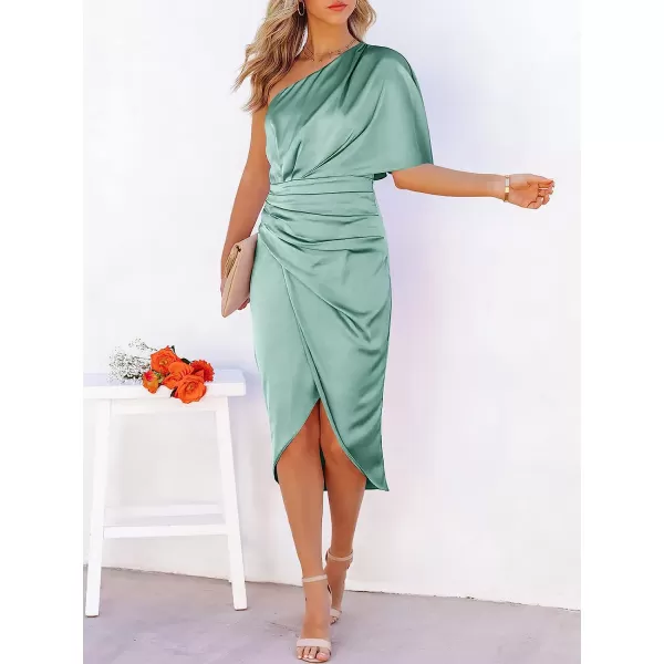 imageANRABESS Women Satin One Shoulder Short Sleeve Ruched Bodycon Wrap Cocktail Party Midi DressLake Green