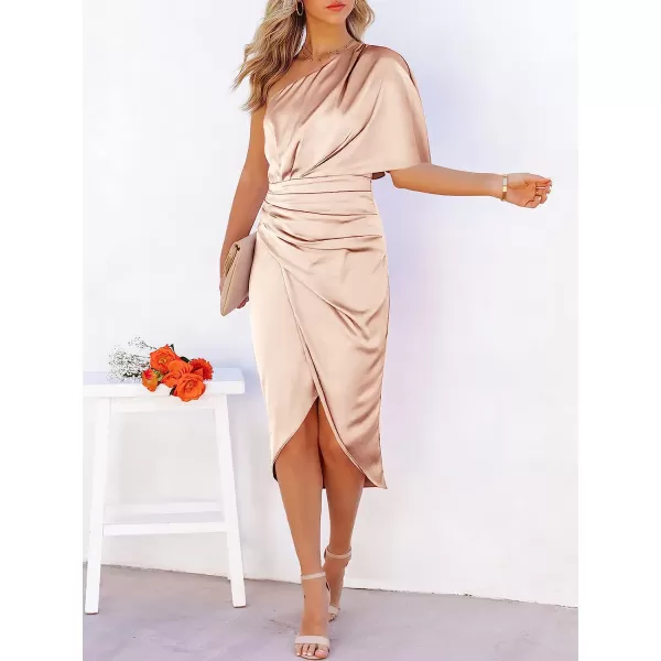 imageANRABESS Women Satin One Shoulder Short Sleeve Ruched Bodycon Wrap Cocktail Party Midi DressLight Orange