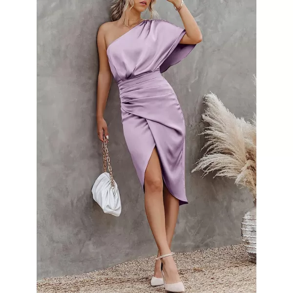 imageANRABESS Women Satin One Shoulder Short Sleeve Ruched Bodycon Wrap Cocktail Party Midi DressLight Purple
