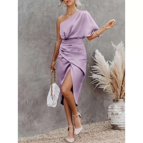 imageANRABESS Women Satin One Shoulder Short Sleeve Ruched Bodycon Wrap Cocktail Party Midi DressLight Purple