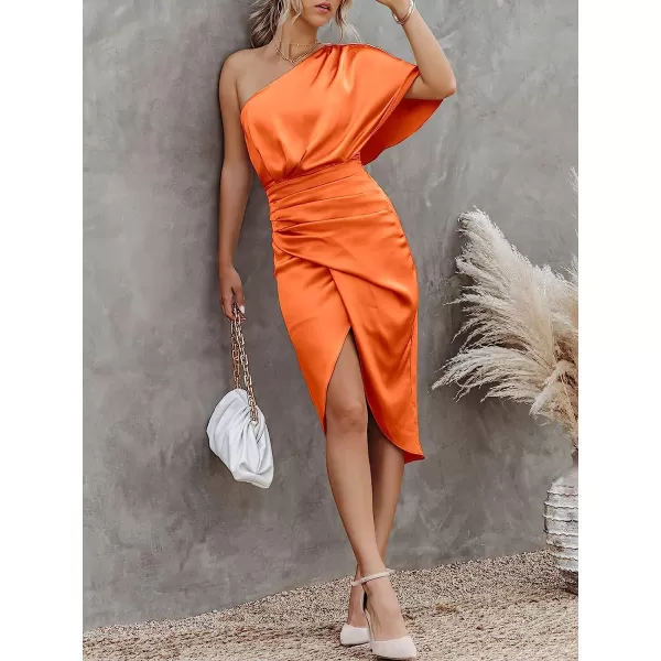 imageANRABESS Women Satin One Shoulder Short Sleeve Ruched Bodycon Wrap Cocktail Party Midi DressOrange