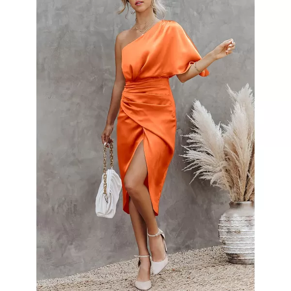 imageANRABESS Women Satin One Shoulder Short Sleeve Ruched Bodycon Wrap Cocktail Party Midi DressOrange