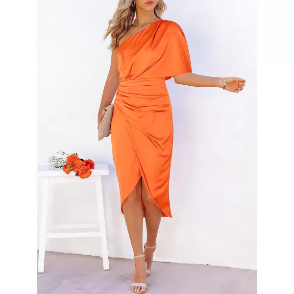 imageANRABESS Women Satin One Shoulder Short Sleeve Ruched Bodycon Wrap Cocktail Party Midi DressOrange