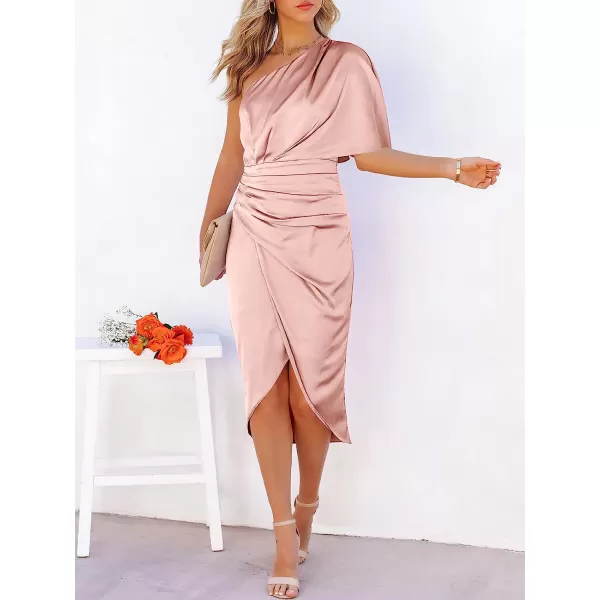 imageANRABESS Women Satin One Shoulder Short Sleeve Ruched Bodycon Wrap Cocktail Party Midi DressPink