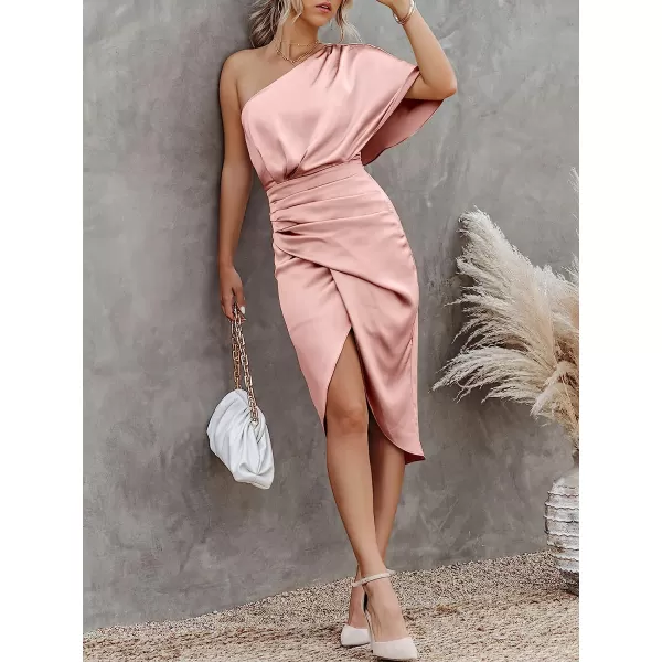 imageANRABESS Women Satin One Shoulder Short Sleeve Ruched Bodycon Wrap Cocktail Party Midi DressPink