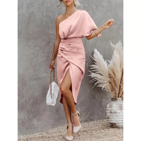 imageANRABESS Women Satin One Shoulder Short Sleeve Ruched Bodycon Wrap Cocktail Party Midi DressPink