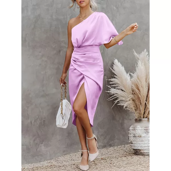 imageANRABESS Women Satin One Shoulder Short Sleeve Ruched Bodycon Wrap Cocktail Party Midi DressPurple