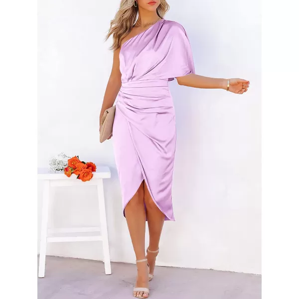 imageANRABESS Women Satin One Shoulder Short Sleeve Ruched Bodycon Wrap Cocktail Party Midi DressPurple