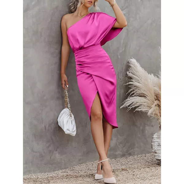 imageANRABESS Women Satin One Shoulder Short Sleeve Ruched Bodycon Wrap Cocktail Party Midi DressRose