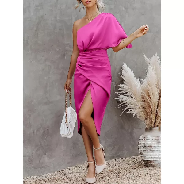 imageANRABESS Women Satin One Shoulder Short Sleeve Ruched Bodycon Wrap Cocktail Party Midi DressRose