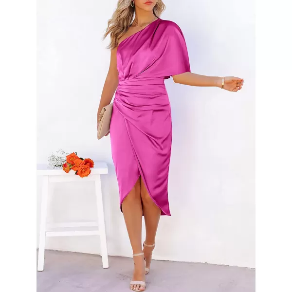 imageANRABESS Women Satin One Shoulder Short Sleeve Ruched Bodycon Wrap Cocktail Party Midi DressRose