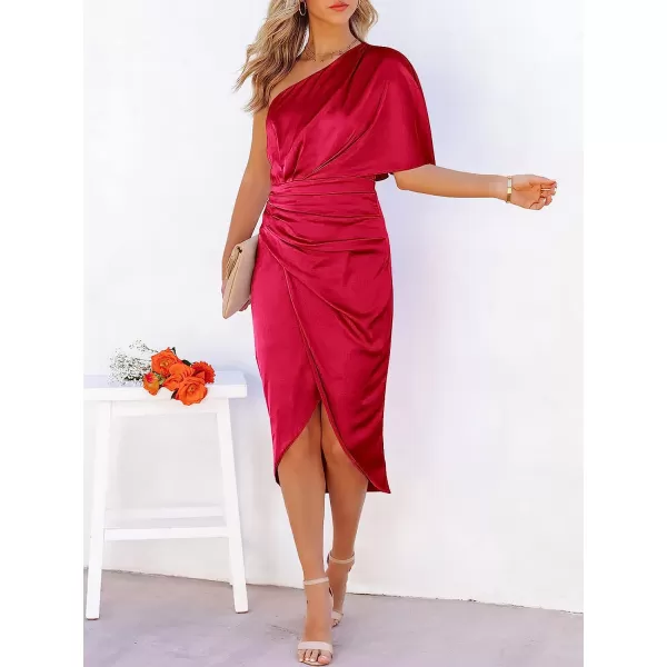imageANRABESS Women Satin One Shoulder Short Sleeve Ruched Bodycon Wrap Cocktail Party Midi DressWine Red