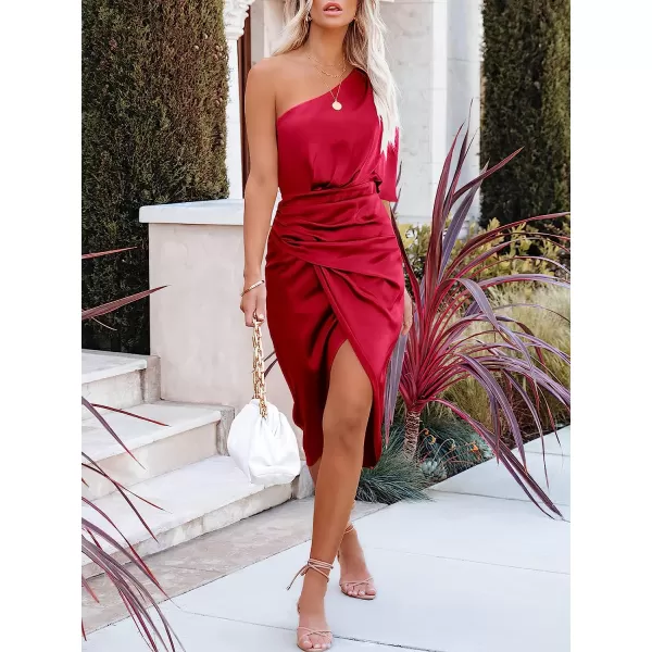 imageANRABESS Women Satin One Shoulder Short Sleeve Ruched Bodycon Wrap Cocktail Party Midi DressWine Red