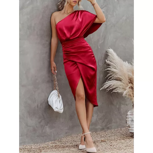 imageANRABESS Women Satin One Shoulder Short Sleeve Ruched Bodycon Wrap Cocktail Party Midi DressWine Red