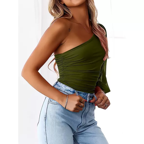 imageANRABESS Women Sexy One Shoulder Mesh Long Sleeve Ruched Bodysuit Leotard TopArmy Green