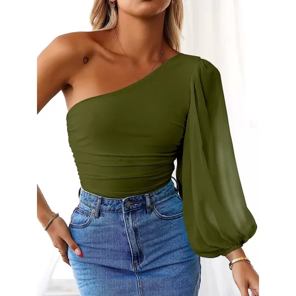 imageANRABESS Women Sexy One Shoulder Mesh Long Sleeve Ruched Bodysuit Leotard TopArmy Green