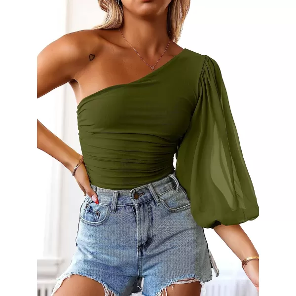 imageANRABESS Women Sexy One Shoulder Mesh Long Sleeve Ruched Bodysuit Leotard TopArmy Green