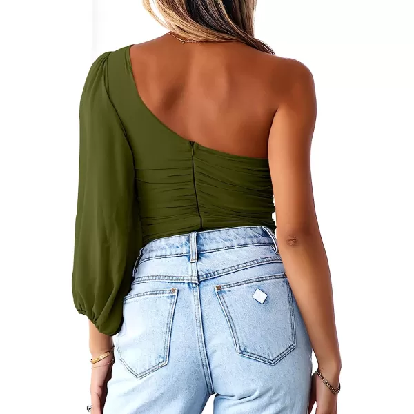 imageANRABESS Women Sexy One Shoulder Mesh Long Sleeve Ruched Bodysuit Leotard TopArmy Green