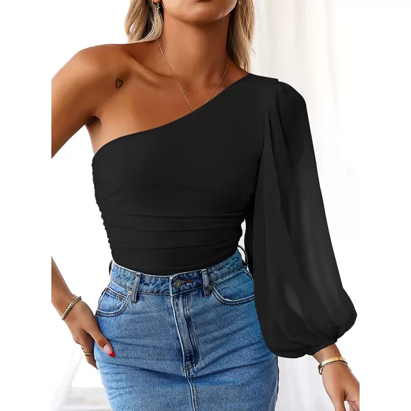 imageANRABESS Women Sexy One Shoulder Mesh Long Sleeve Ruched Bodysuit Leotard TopBlack