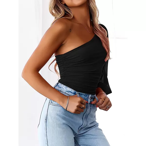 imageANRABESS Women Sexy One Shoulder Mesh Long Sleeve Ruched Bodysuit Leotard TopBlack